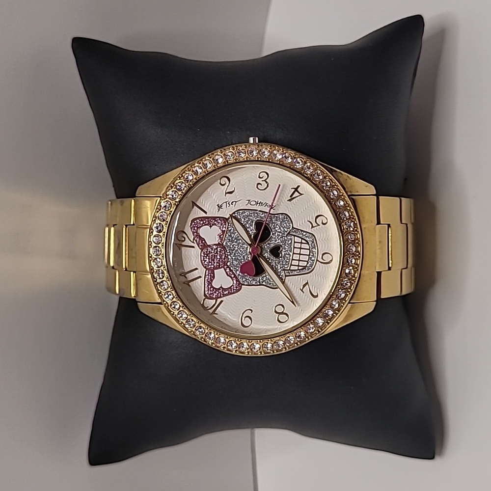 Betsey Johnson Sugar Skull Bow Watch Crystals Gold tone - Picture 1 of 8